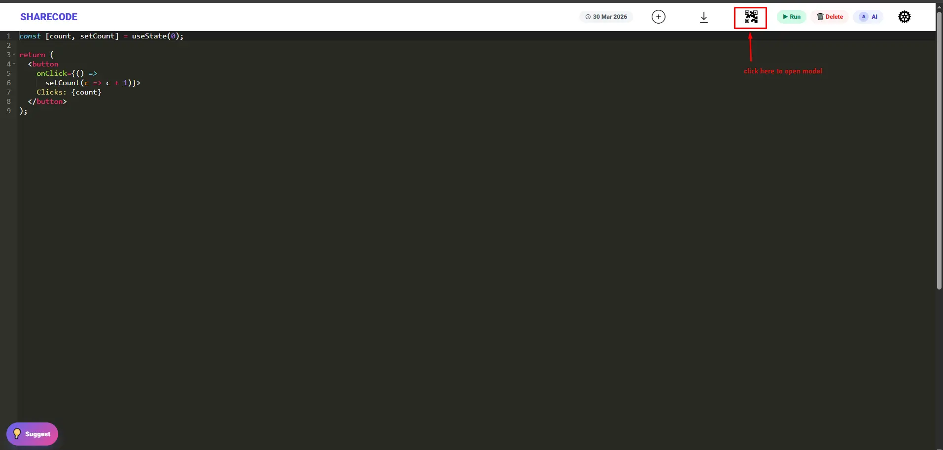 ShareCode 'Share this CodeSpace' dialog: a scannable QR code, the shareable link with a Copy button, a 'Share with device apps' button, social buttons for WhatsApp, Telegram, X, LinkedIn, Facebook and Reddit, a send-link-by-email field with an optional message, and an 'Embed on a website' iframe snippet.