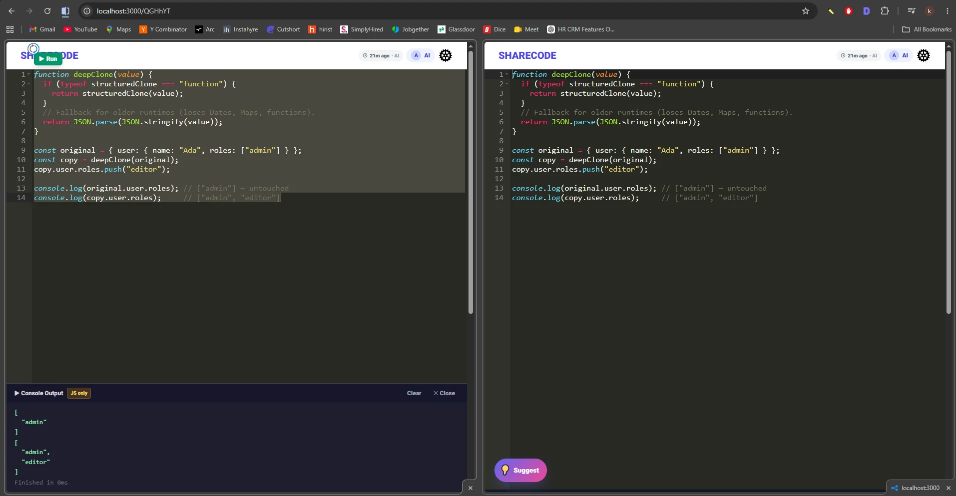 Two browser windows open on the same ShareCode session, editing the same file in real time, with the JavaScript console showing the code's output below.