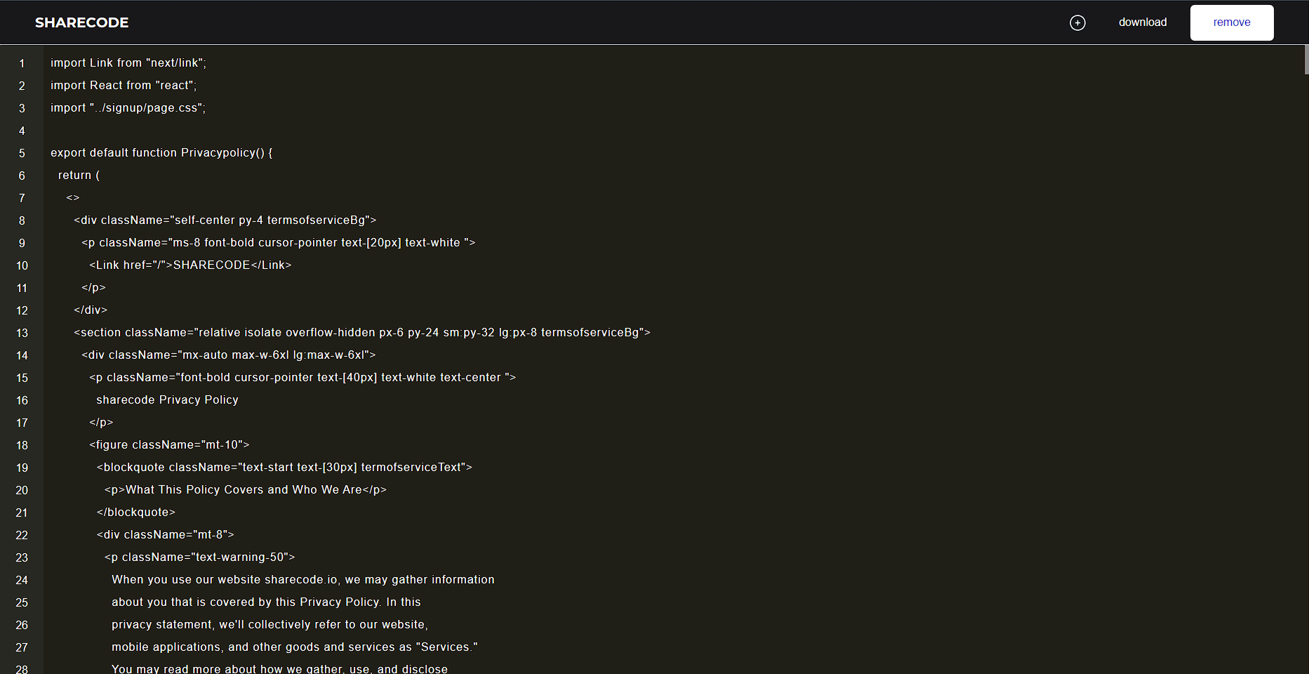 Code open in the ShareCode browser editor with line numbers and syntax highlighting.